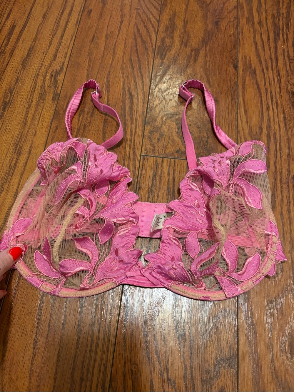 Sheer Pink Embroidered Lace Underwire Bra - Women's Intimates 34 G bra